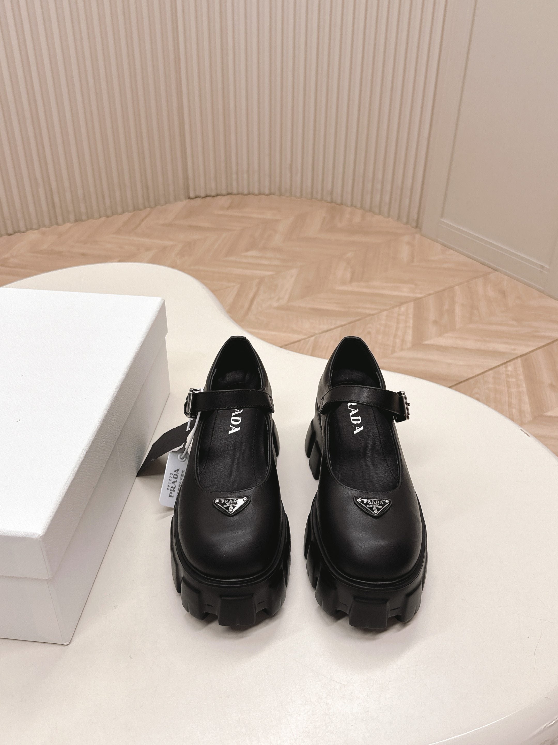 Prada Brushed Monolith Mary Janes Loafer Black Cowhide
