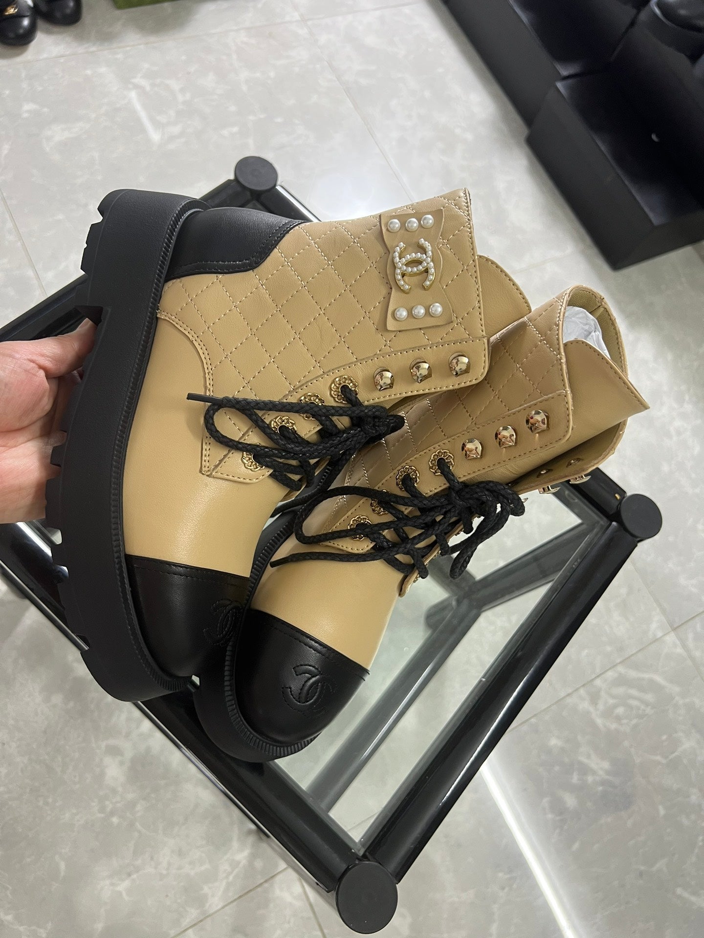 CC Combat Boots Dark Beige Black Quilted Lambskin 944575