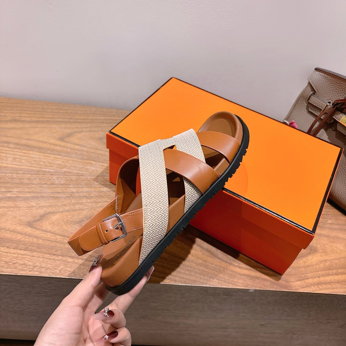 HM 25 Heracles Sandal Brown Calfskin Light Pink Canvas