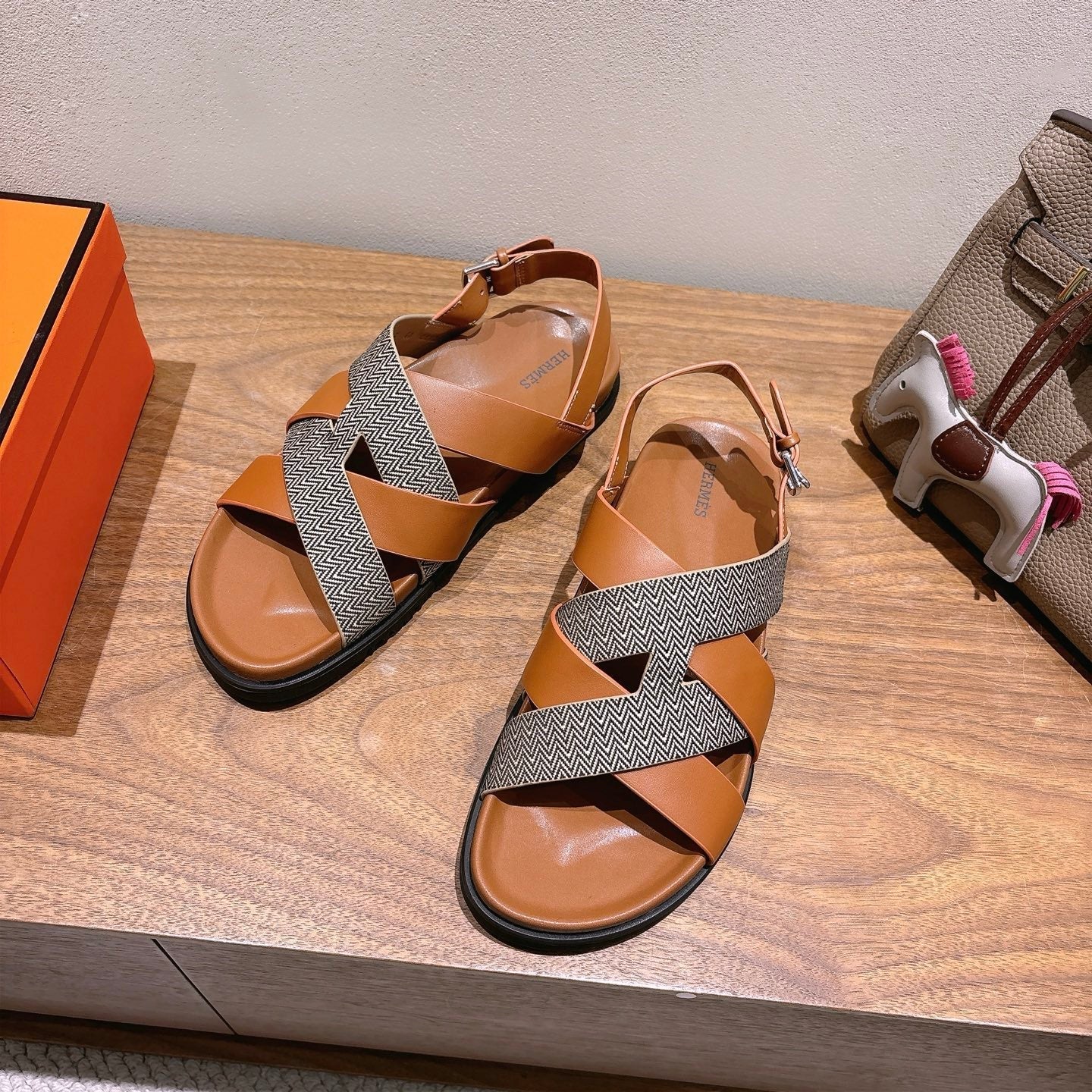 HM 25 Heracles Sandal Brown Calfskin Dark Grey Canvas