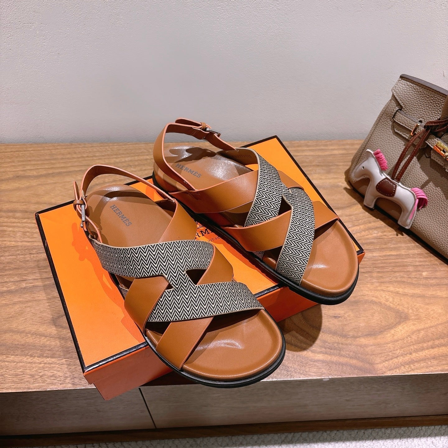 HM 25 Heracles Sandal Brown Calfskin Dark Grey Canvas