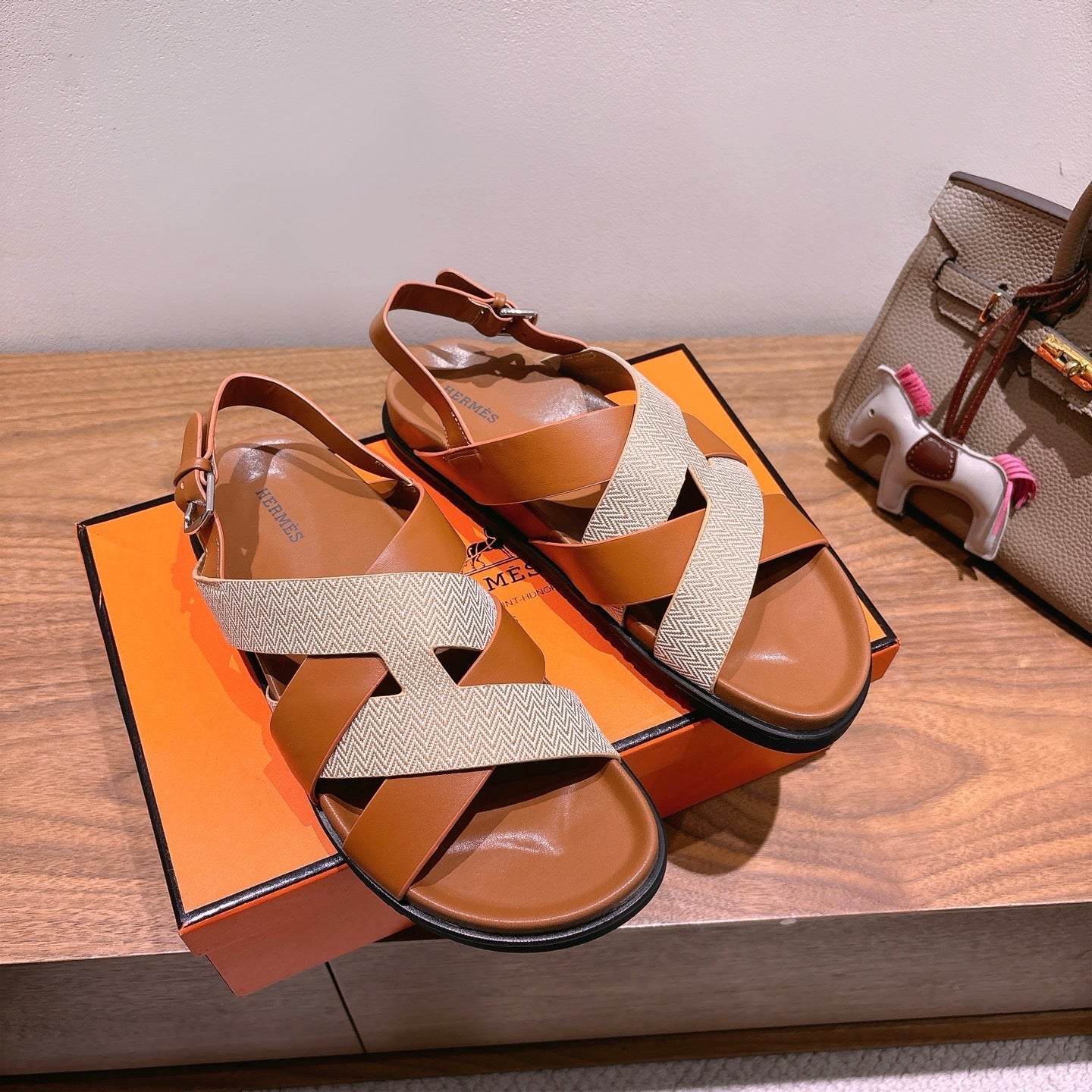 HM 25 Heracles Sandal Brown Calfskin Light Pink Canvas