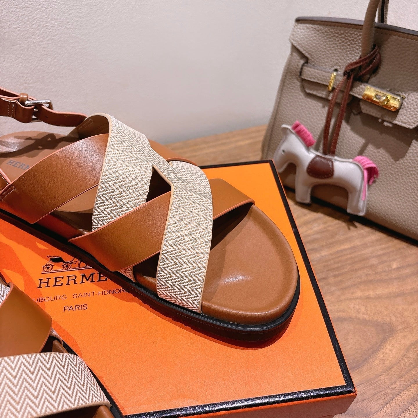 HM 25 Heracles Sandal Brown Calfskin Light Pink Canvas