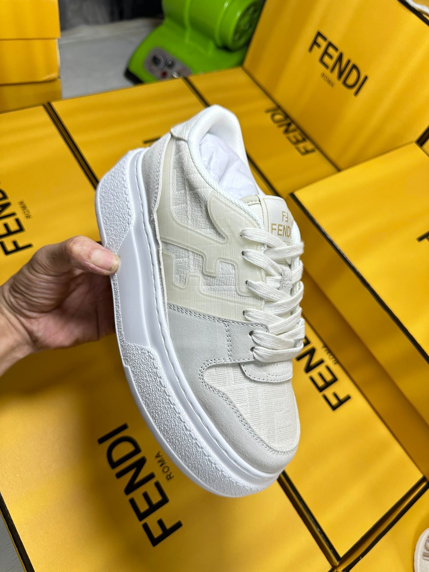 FENDI THICK-SOLDED SNEAKER IN WHITE SUEDE AND MONOGRAM FABRIC