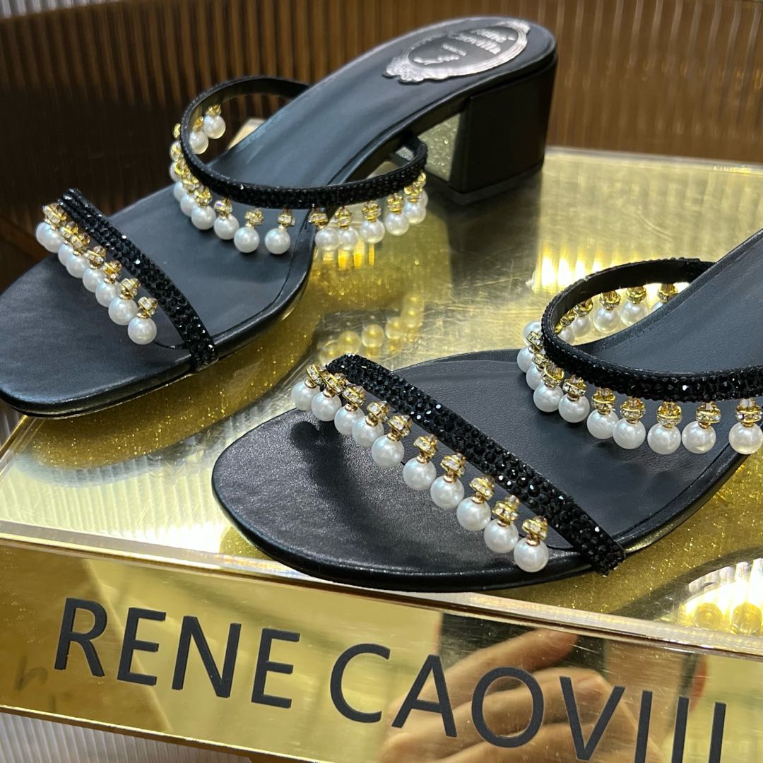 RC Gold Buckle Pearl Crystal Lamp Pendant Sandals 4.5 Black Sheepskin 175004