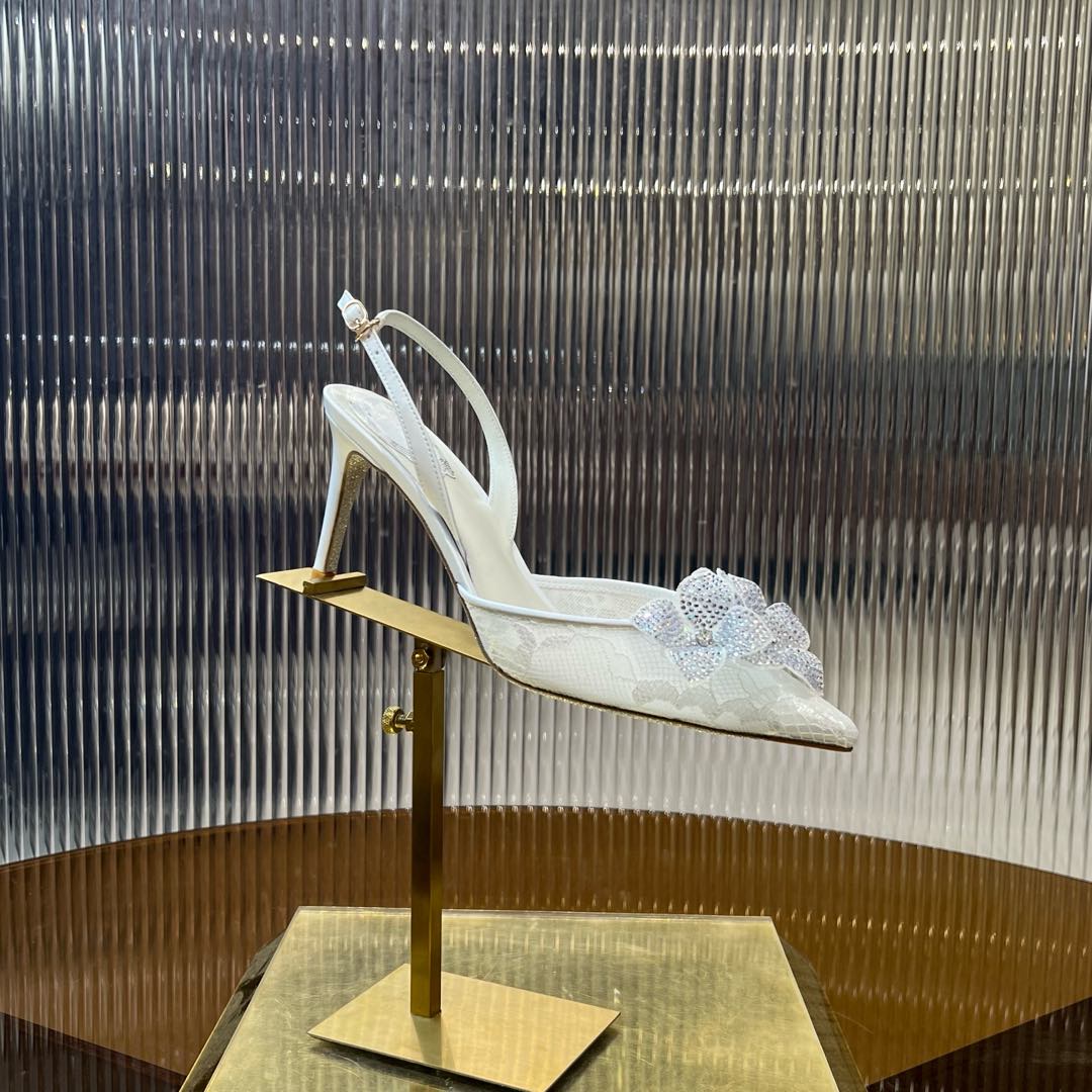 RC 25C Flower-Studded Diamond High-Heeled Sandals White Sheepskin 174905