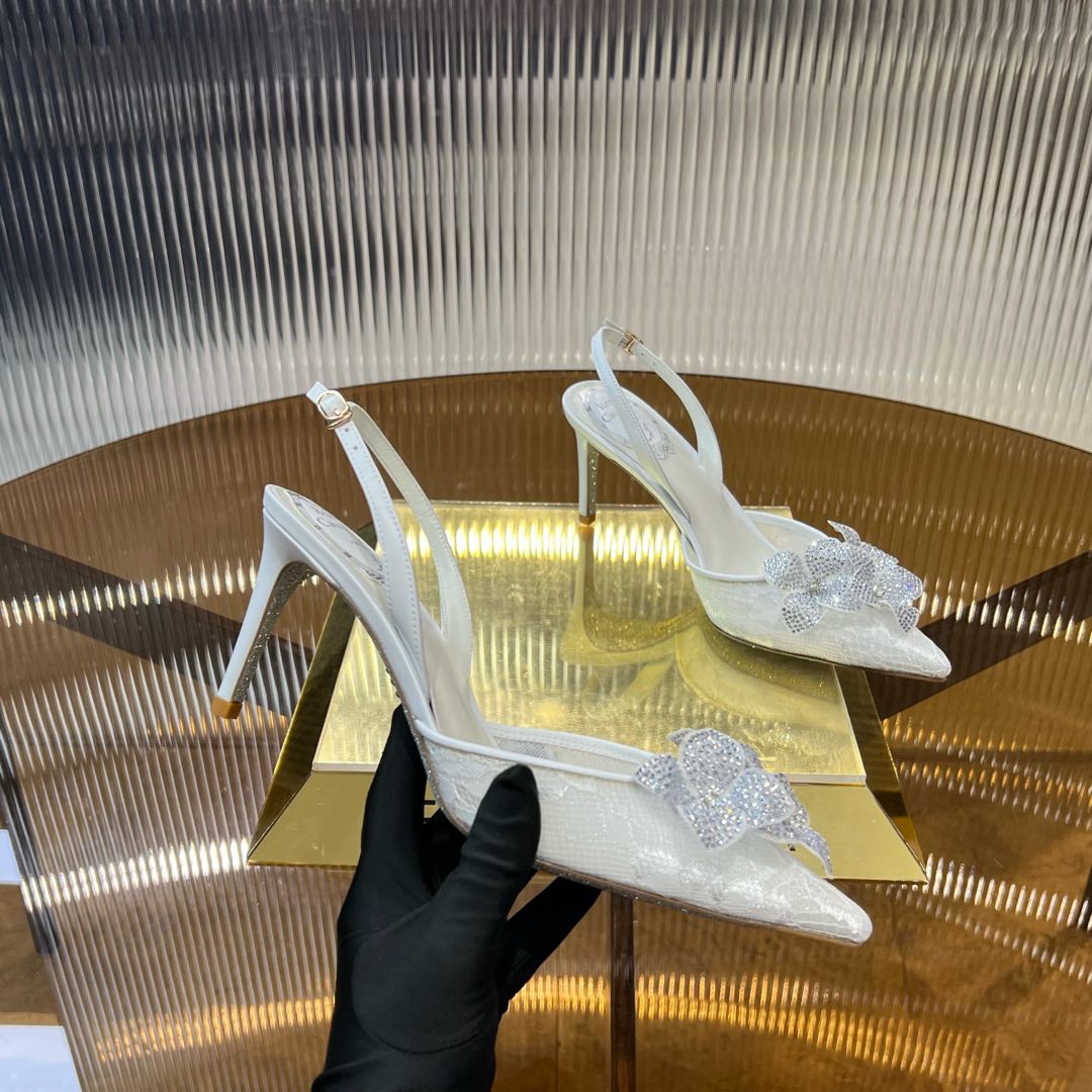 RC 25C Flower-Studded Diamond High-Heeled Sandals White Sheepskin 174905