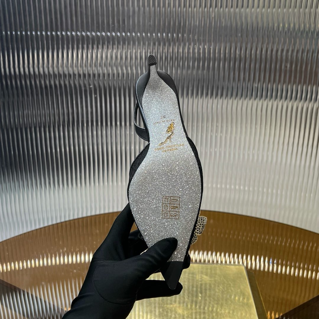 RC 25C Flower-Studded Diamond High-Heeled Sandals Black Sheepskin 174909