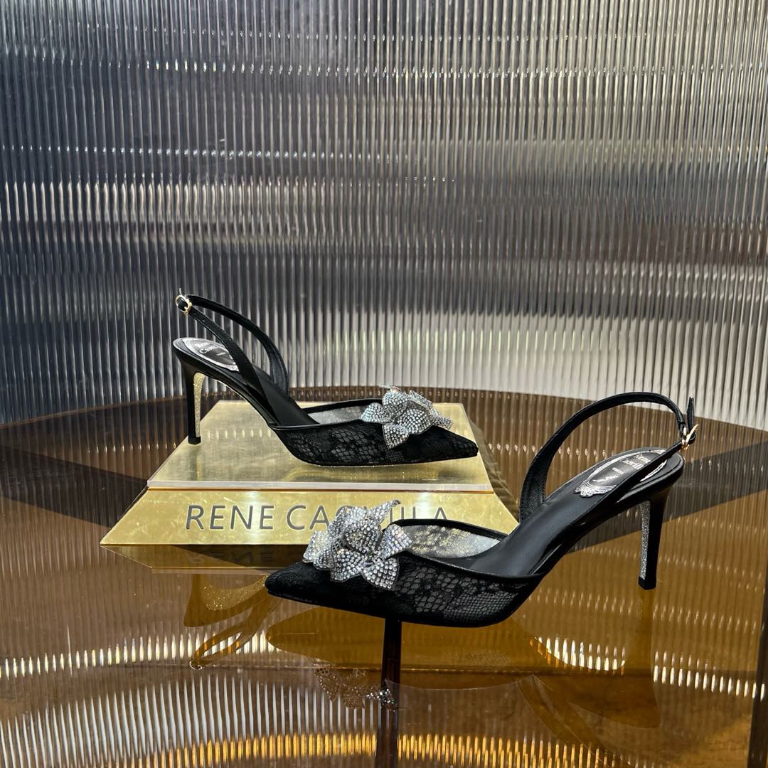 RC 25C Flower-Studded Diamond High-Heeled Sandals Black Sheepskin 174909