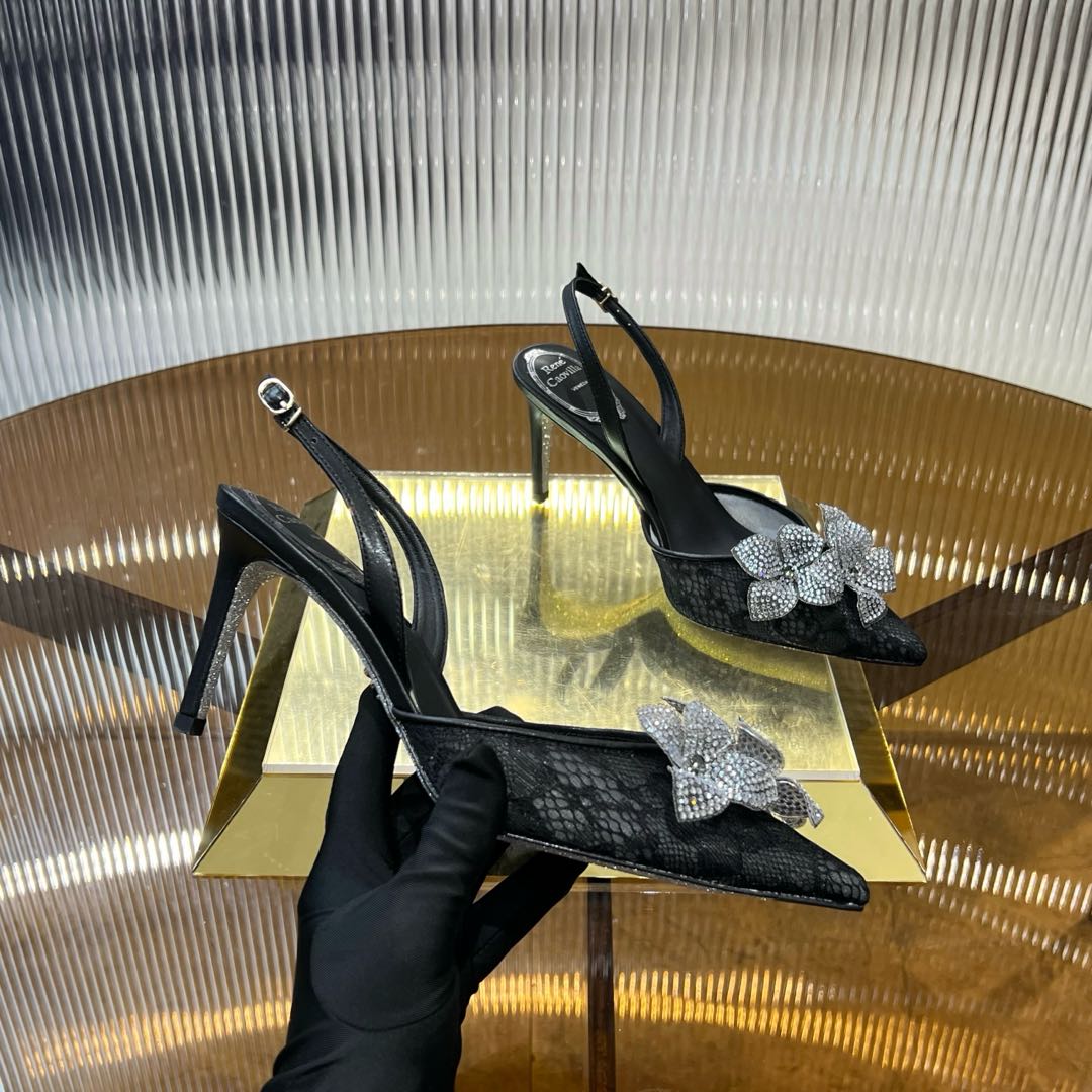 RC 25C Flower-Studded Diamond High-Heeled Sandals Black Sheepskin 174909