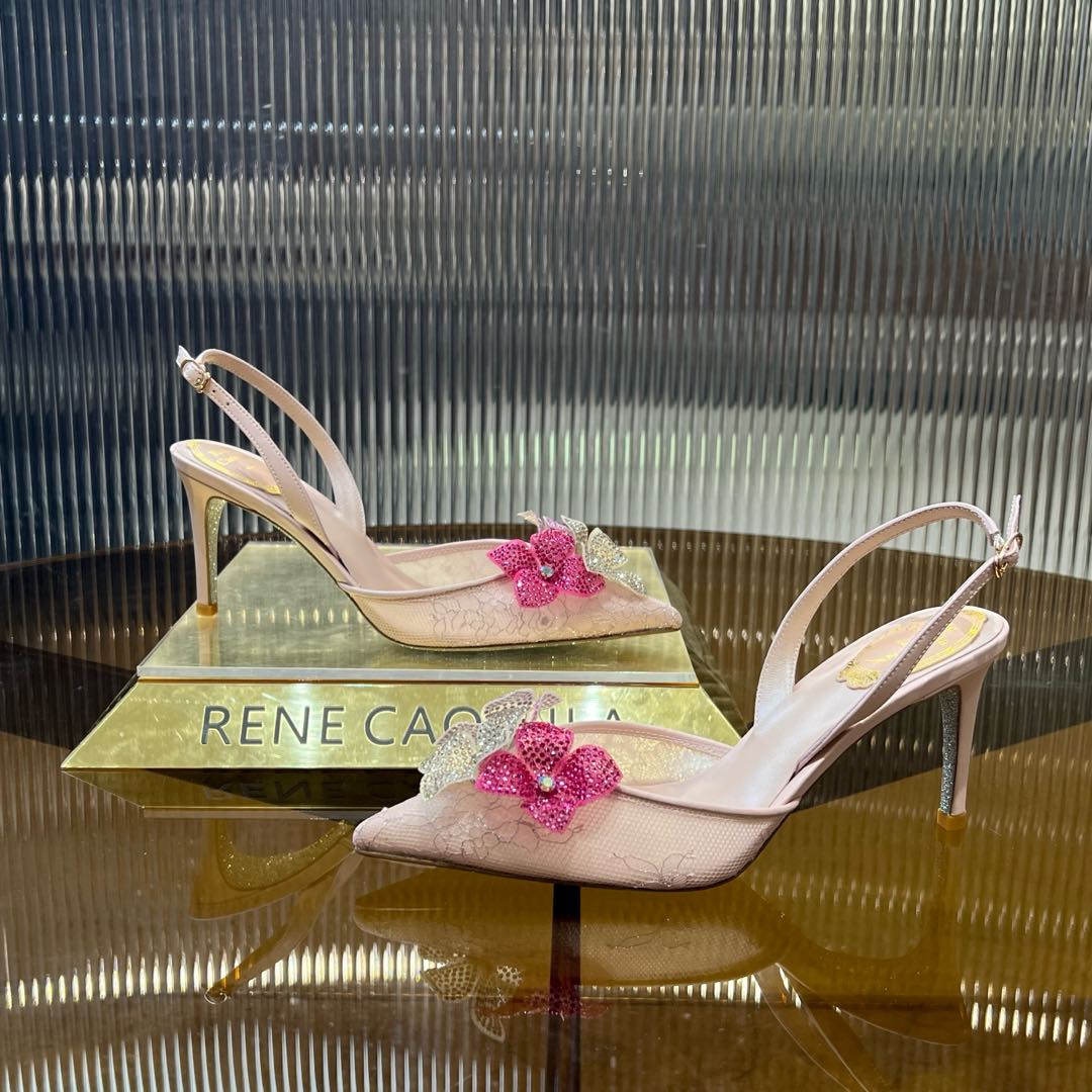 RC 25C Flower-Studded Diamond High-Heeled Sandals Pink Sheepskin 174913