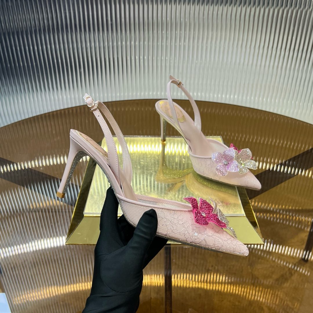 RC 25C Flower-Studded Diamond High-Heeled Sandals Pink Sheepskin 174913