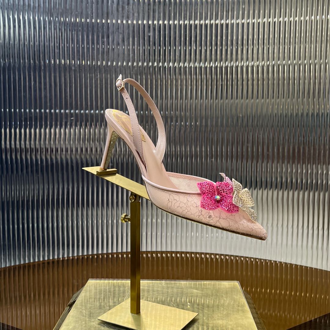 RC 25C Flower-Studded Diamond High-Heeled Sandals Pink Sheepskin 174913