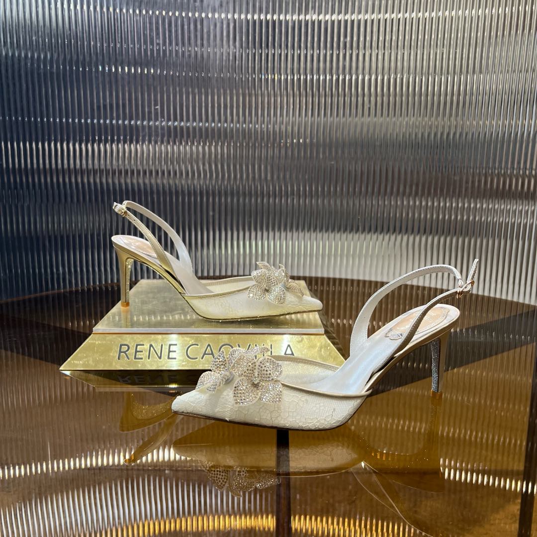 RC 25C Flower-Studded Diamond High-Heeled Sandals Beige Sheepskin 174917