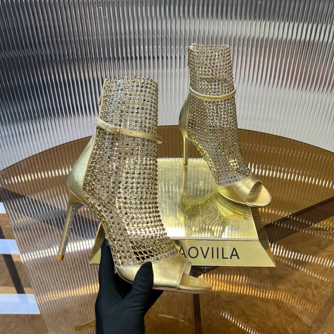 RC 25C High Heel Short Boots Mid-Tube Open-Toe Sandals Gold Sheepskin 174957