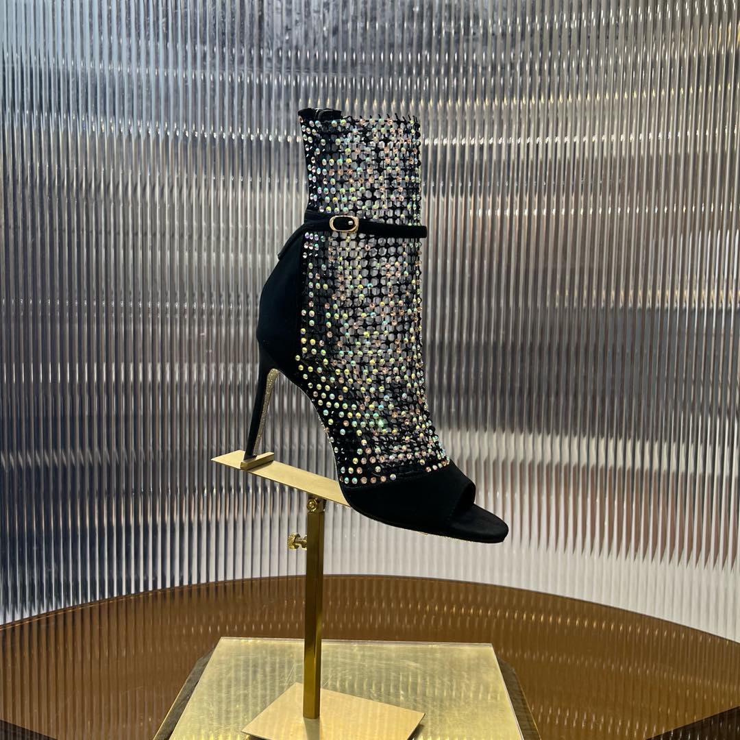 RC 25C High Heel Short Boots Mid-Tube Open-Toe Sandals Black Sheepskin 174961