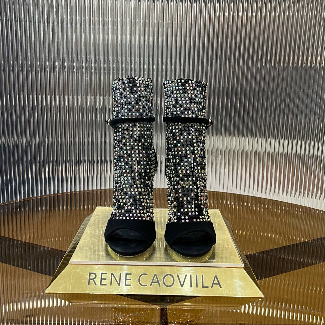 RC 25C High Heel Short Boots Mid-Tube Open-Toe Sandals Black Sheepskin 174961