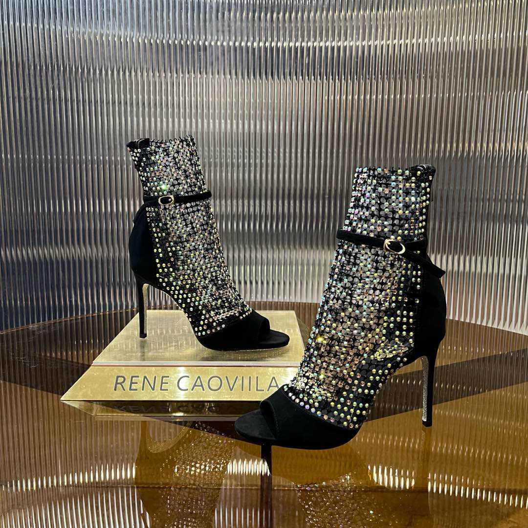 RC 25C High Heel Short Boots Mid-Tube Open-Toe Sandals Black Sheepskin 174961