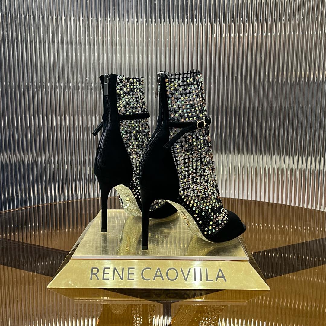 RC 25C High Heel Short Boots Mid-Tube Open-Toe Sandals Black Sheepskin 174961