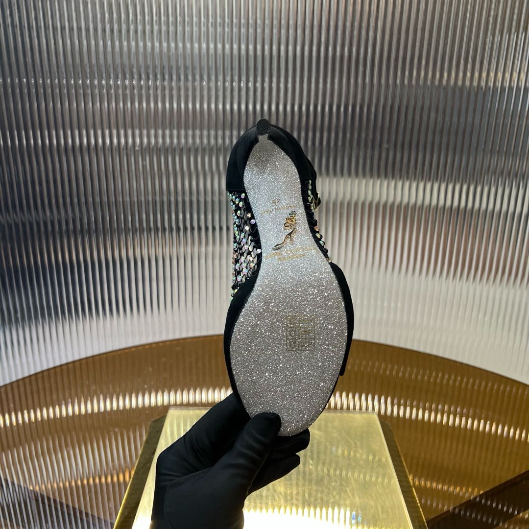 RC 25C High Heel Short Boots Mid-Tube Open-Toe Sandals Black Sheepskin 174961