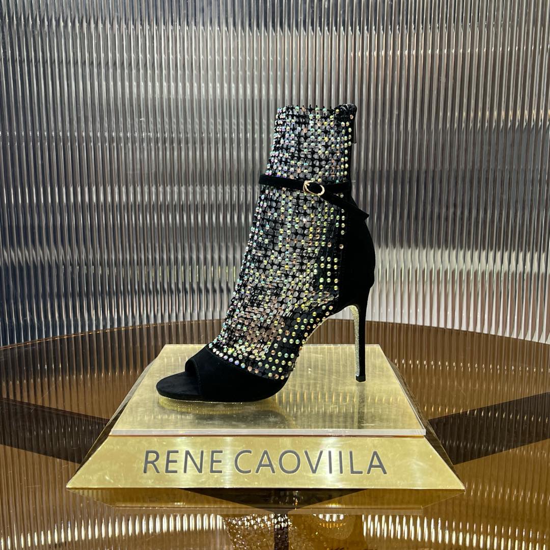 RC 25C High Heel Short Boots Mid-Tube Open-Toe Sandals Black Sheepskin 174961