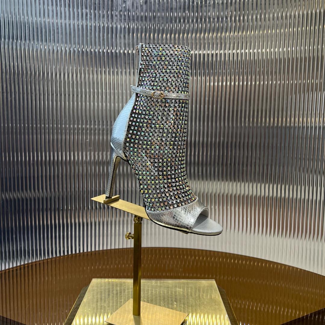 RC 25C High Heel Short Boots Mid-Tube Open-Toe Sandals Grey Sheepskin 174973