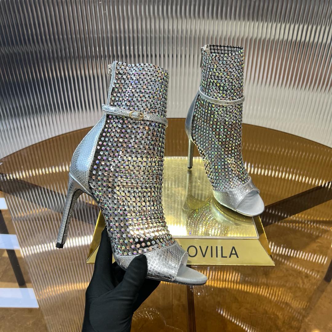 RC 25C High Heel Short Boots Mid-Tube Open-Toe Sandals Grey Sheepskin 174973