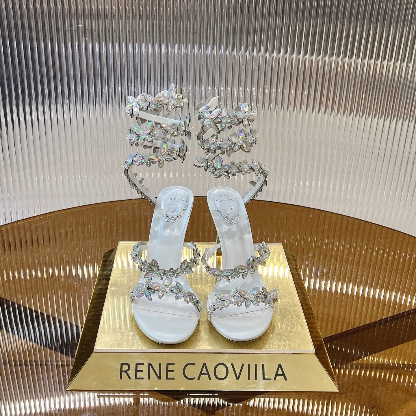 RC 25C Butterfly Flower High Heels Sandals White Sheepskin Rhinestone 281975