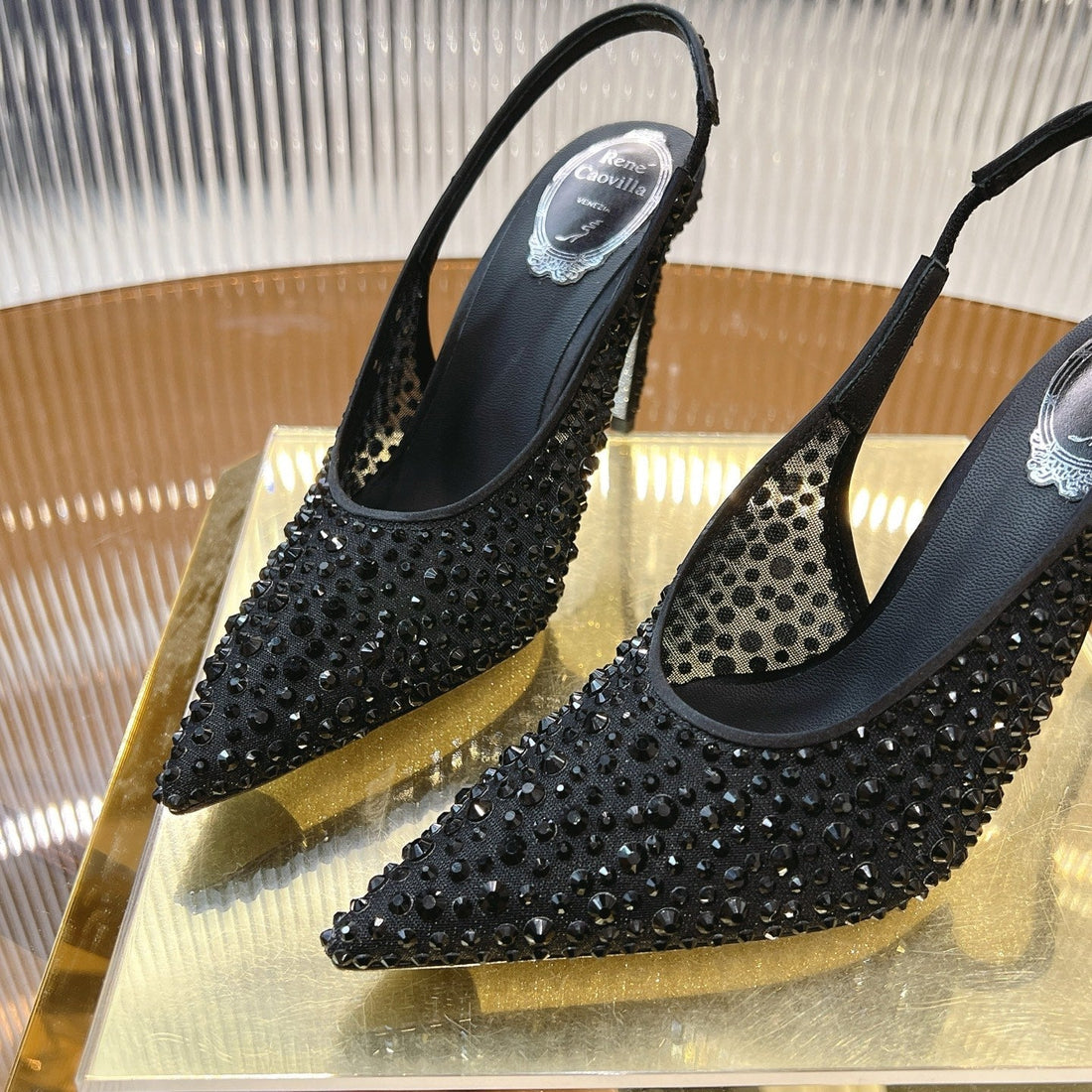RC  Slingback Shoes Black Rhinestone Sheepskin 281981