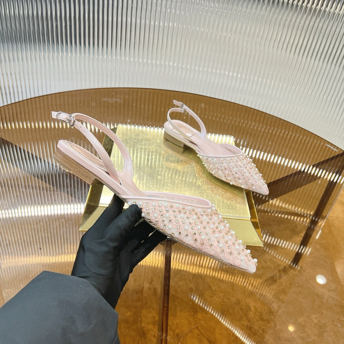 RC Slingback Shoe 1cm Pink  Rhinestone Sheepskin 281984