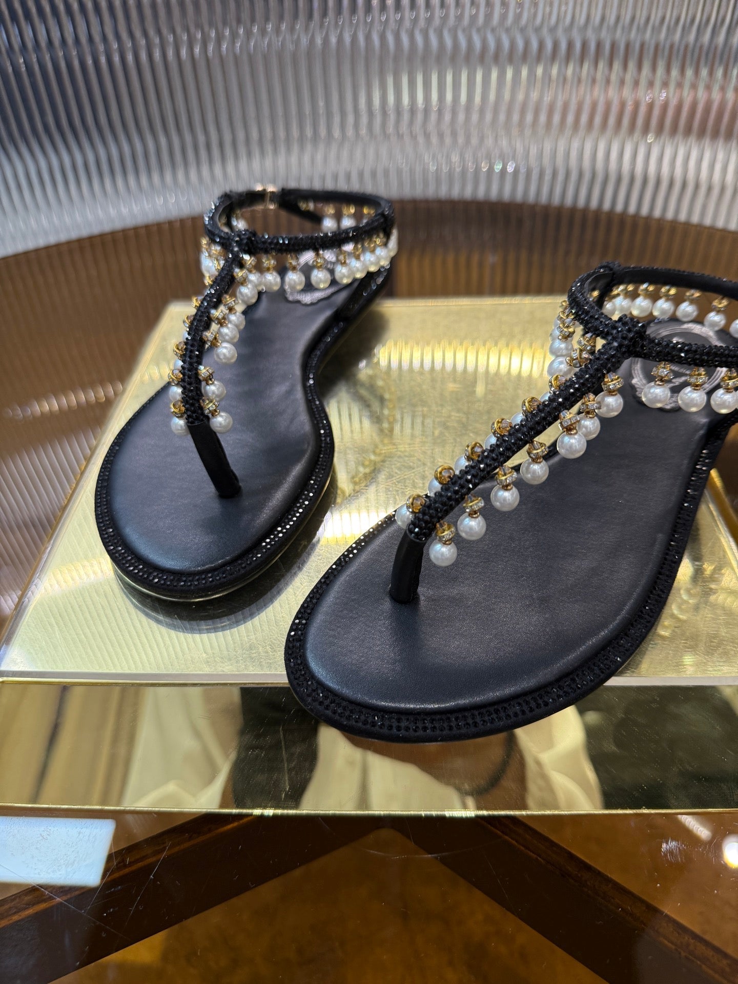 RC 25C Thong Diamond Flat Sandals Black Silk Rhinestone 275773
