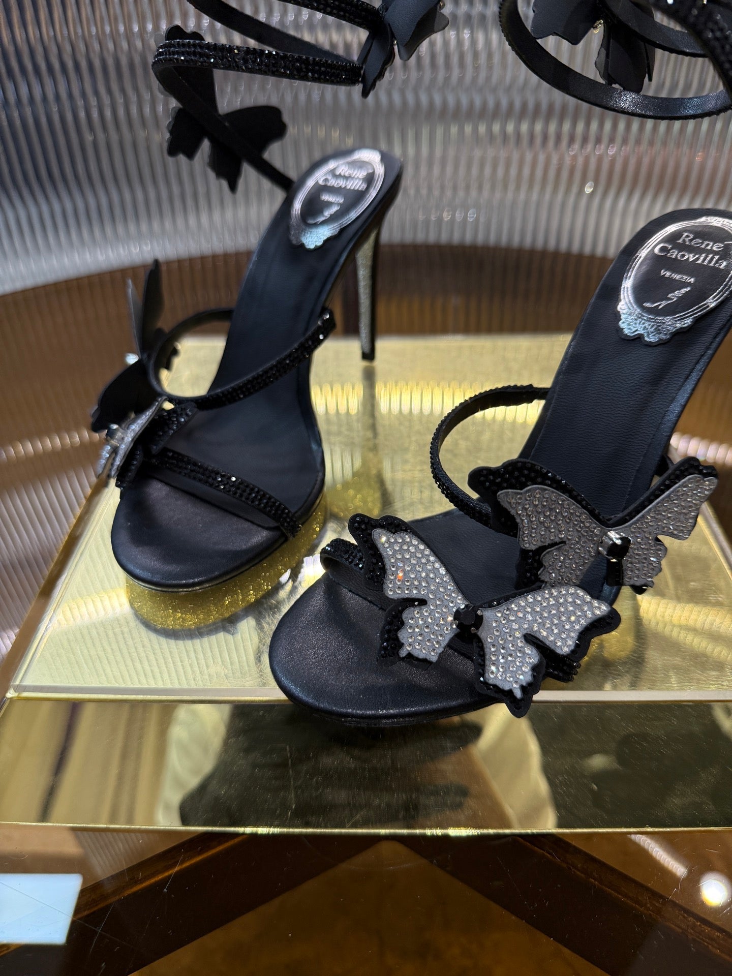 RC 25C Stiletto Sandals Black Silk Rhinestone 275776