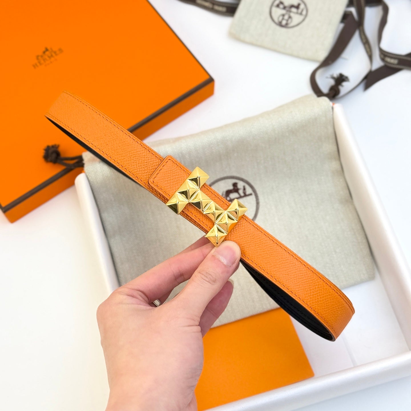 HM Infini Reversible Belt 24mm Orange Epsom Gold Buckle