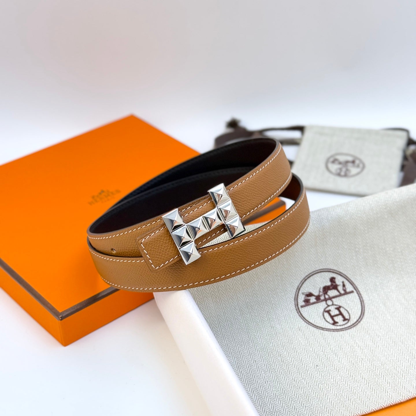 HM Infini Reversible Belt 24mm Brown Epsom Silver Buckle