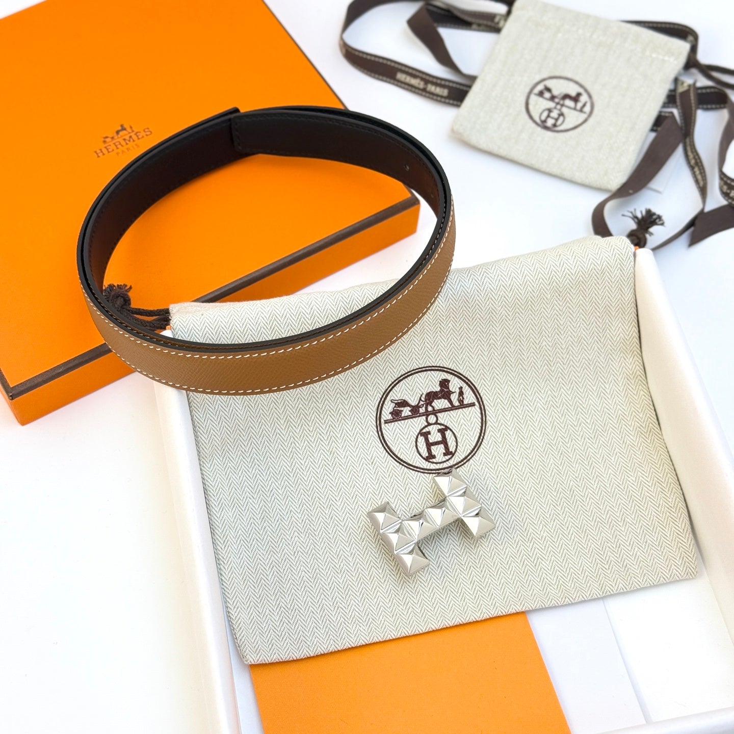 HM Infini Reversible Belt 24mm Brown Epsom Silver Buckle