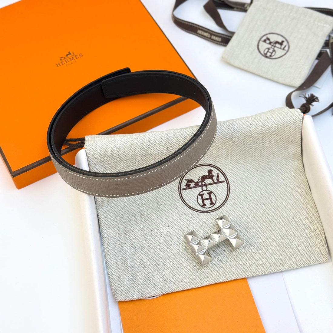 HM Infini Reversible Belt 24mm Gray Epsom Silver Buckle