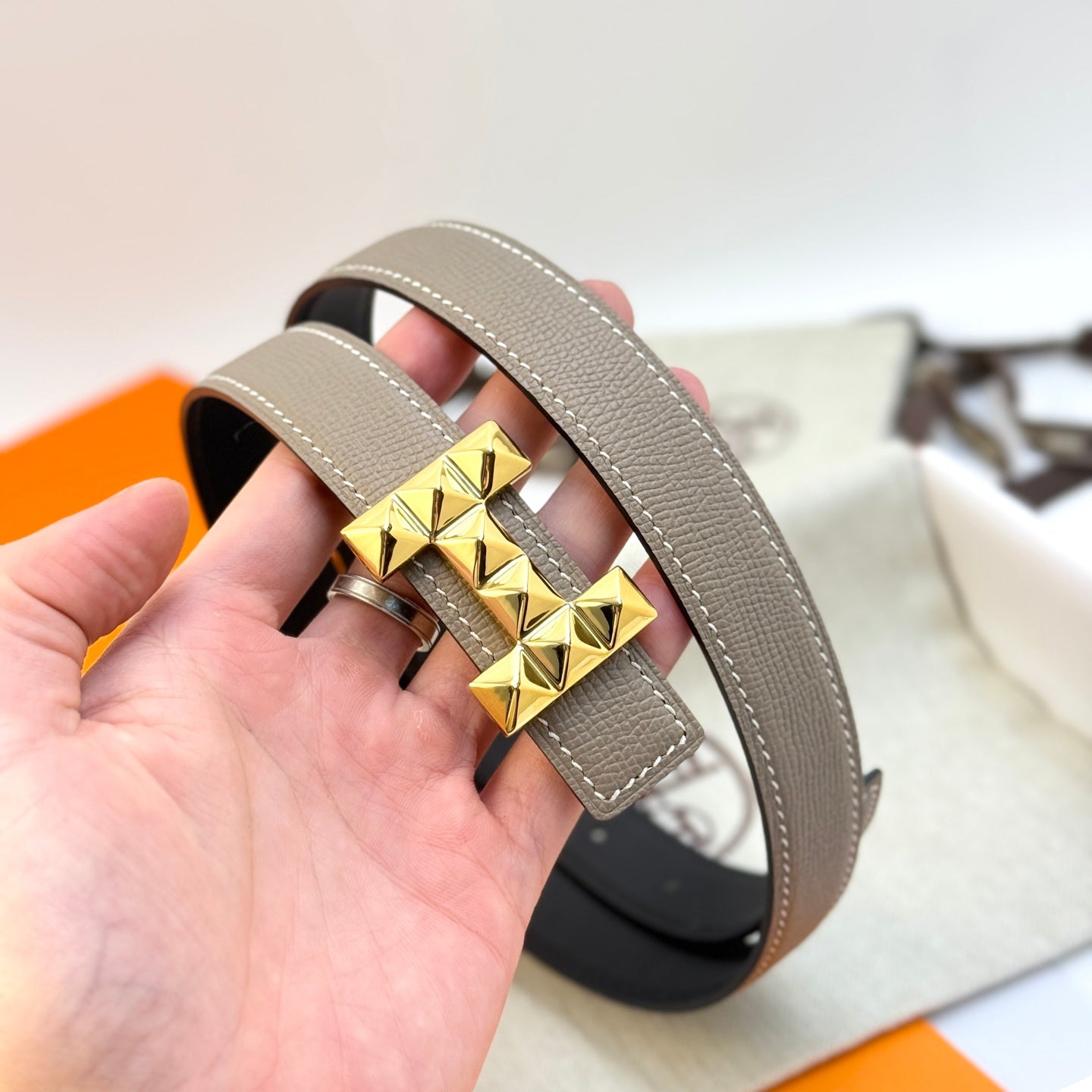 HM Infini Reversible Belt 24mm Gray Epsom Gold  Buckle