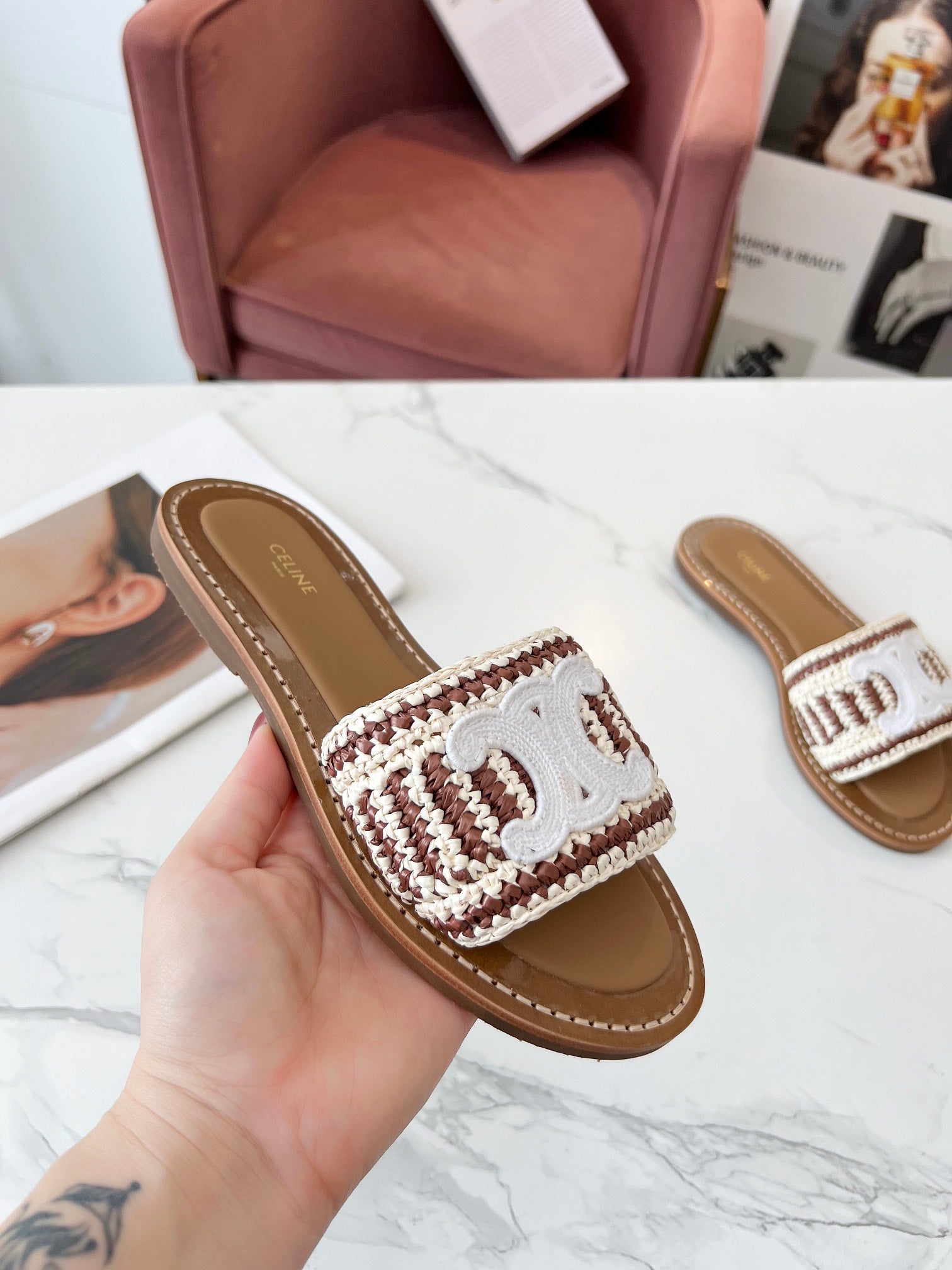Celine 25C Slippers Beige mix Brown Fabric with Calfskin 238160