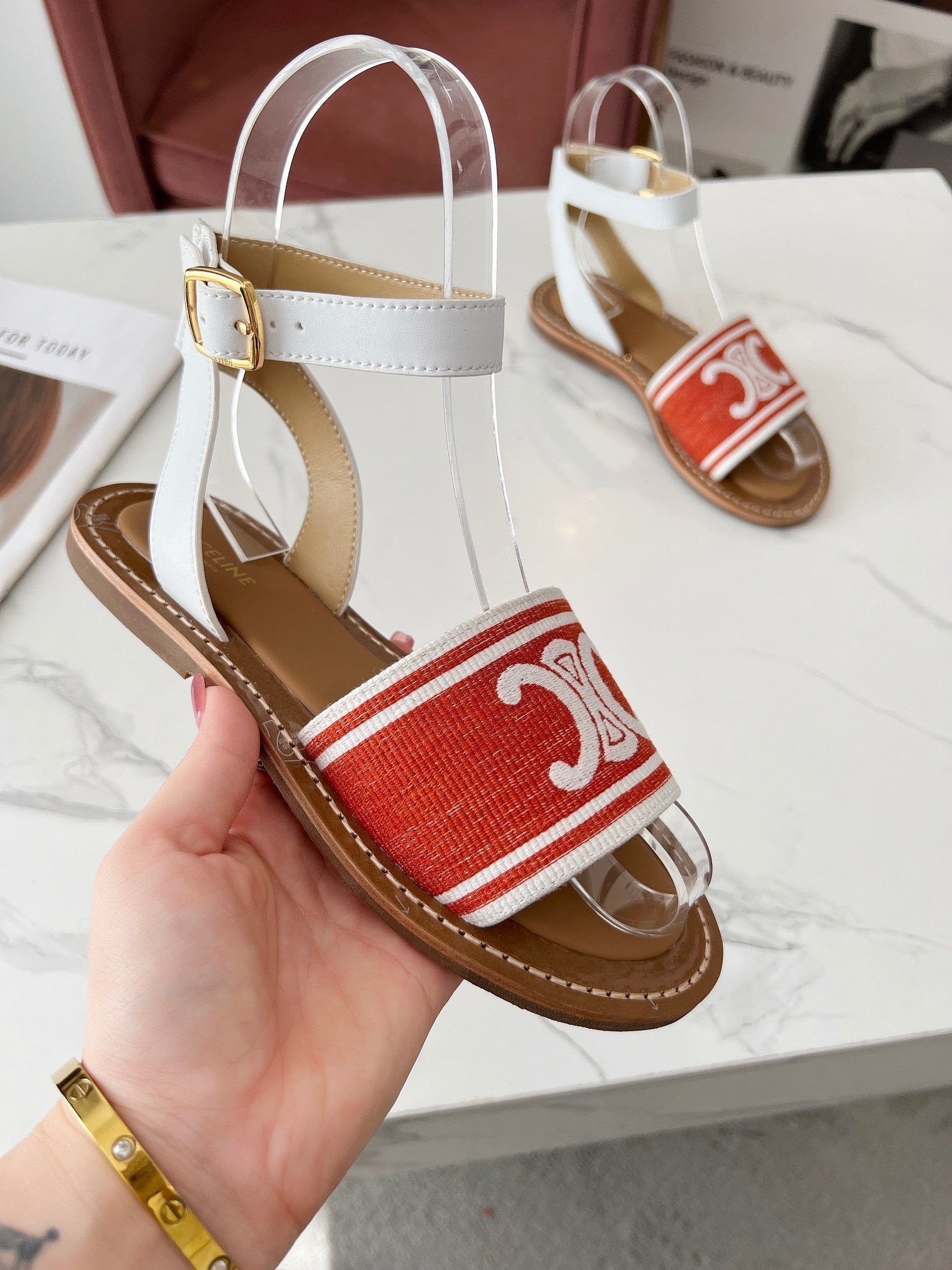 Celine 25C Lympia Sandal Red mix White Canvas with Calfskin 238173