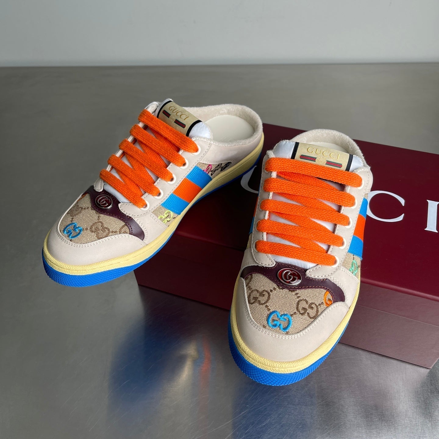 GG Men's Screener Mules Multicolor Suede Denim 722596