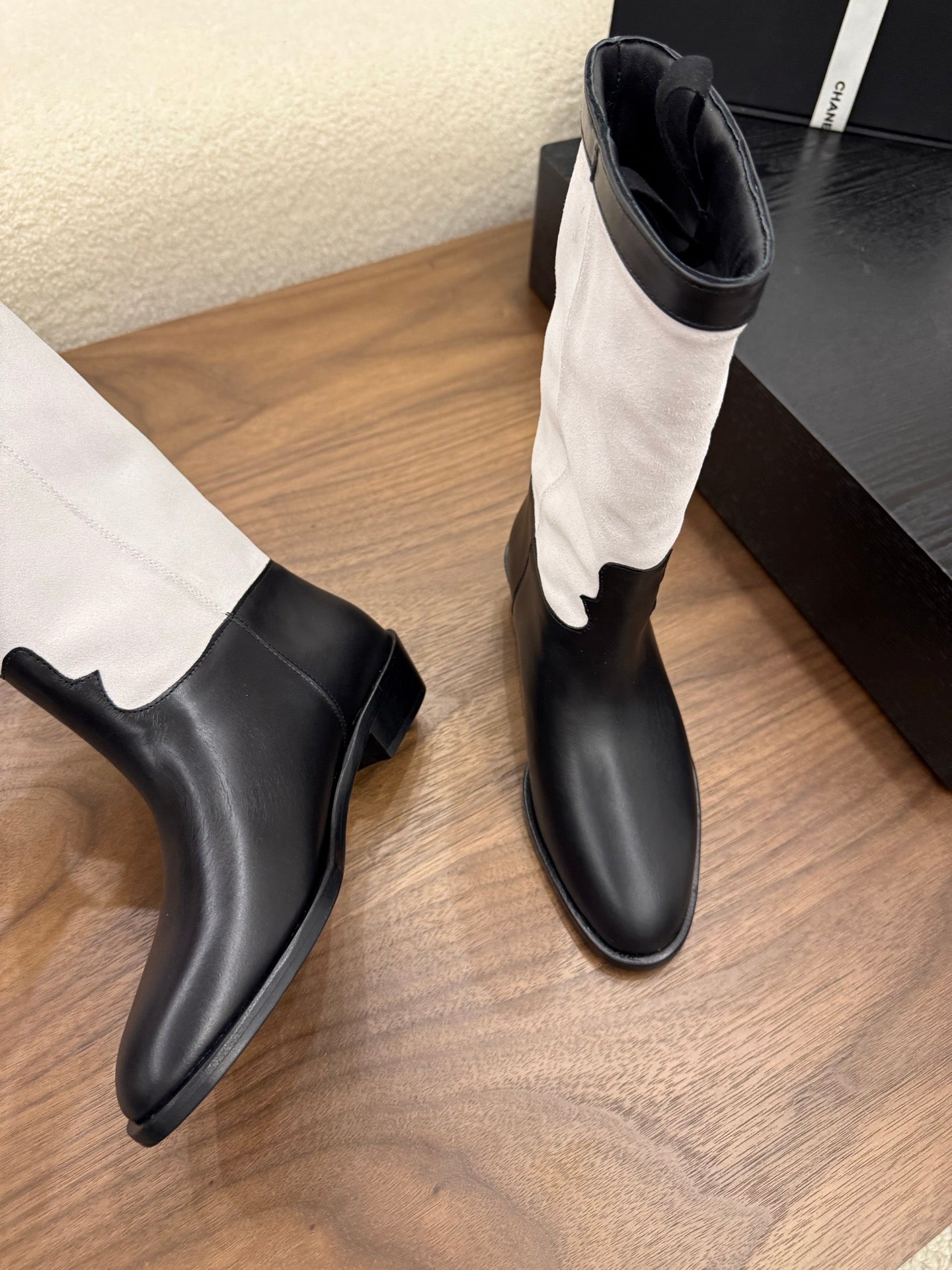 CC Short Boot Black White Calfskin 366071