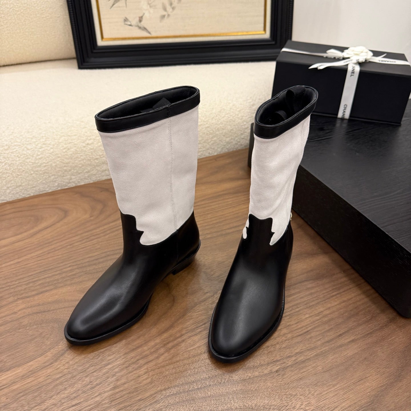 CC Short Boot Black White Calfskin 366071