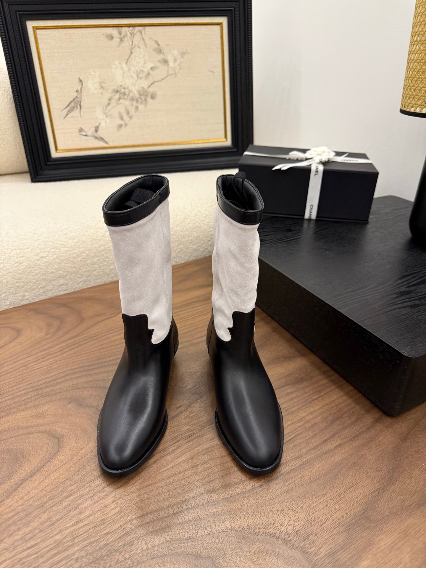 CC Short Boot Black White Calfskin 366071