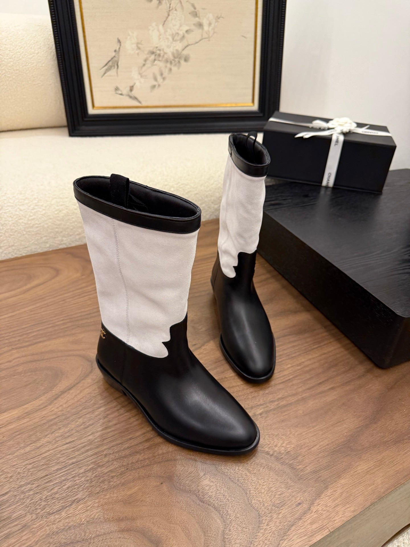 CC Short Boot Black White Calfskin 366071