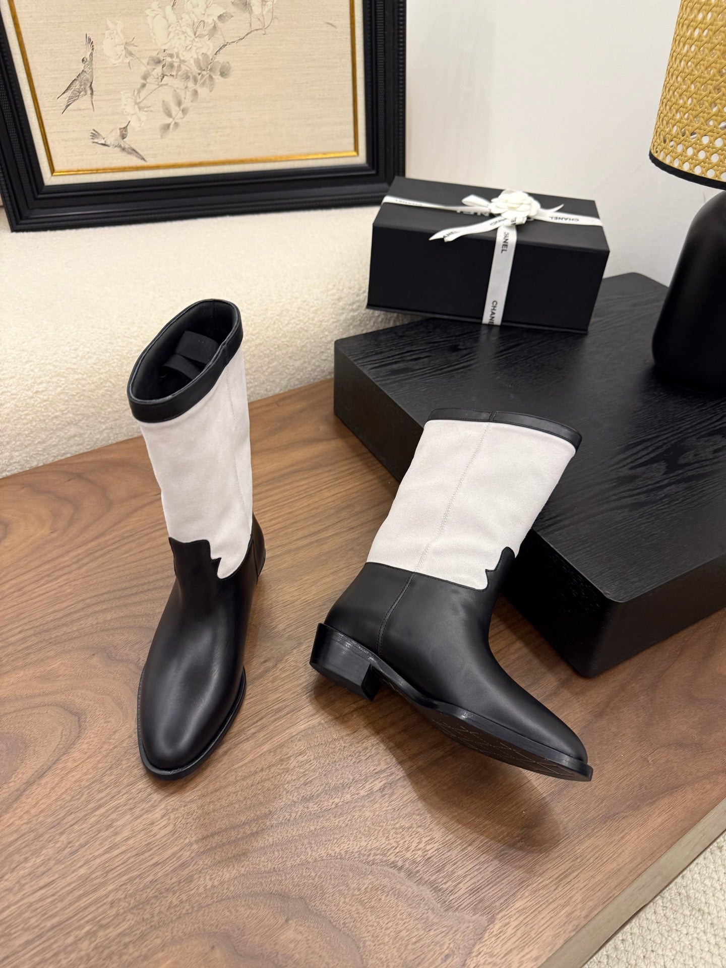 CC Short Boot Black White Calfskin 366071