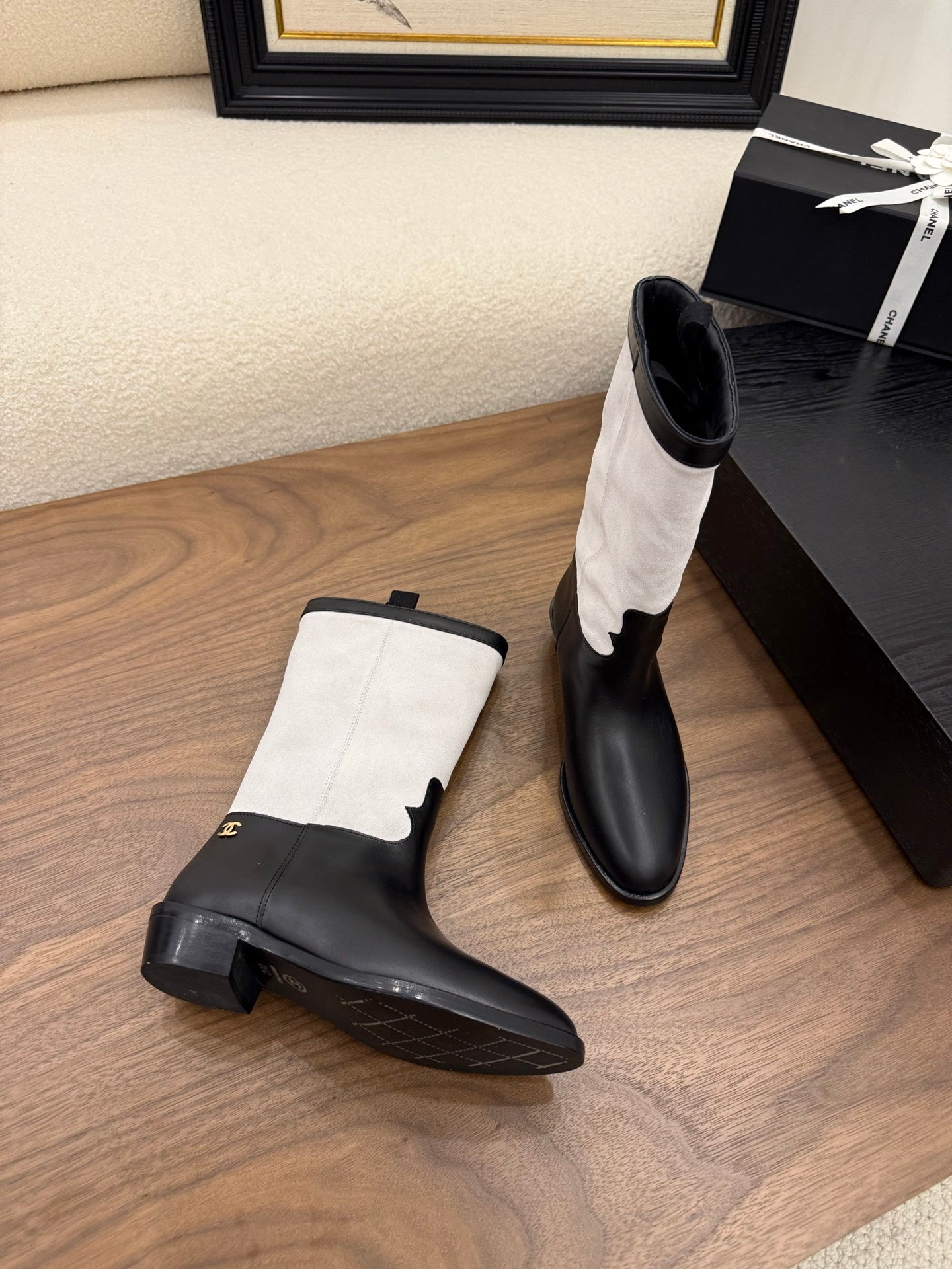 CC Short Boot Black White Calfskin 366071