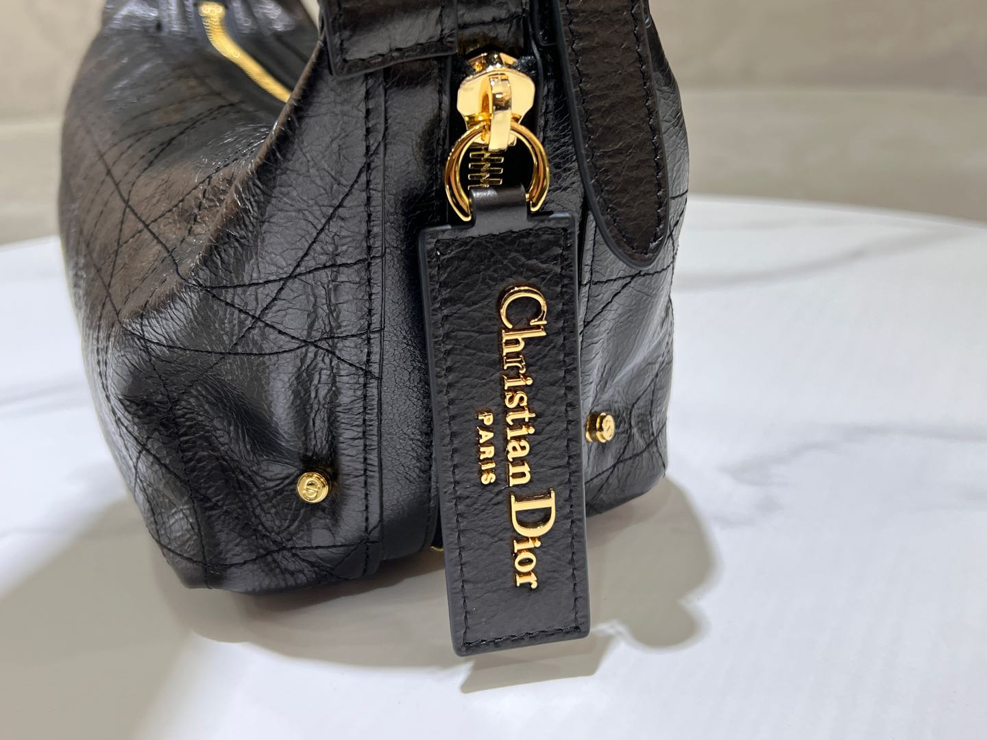 CD  Hobo Bag 23 With Chain Black Wrinkled Calfskin