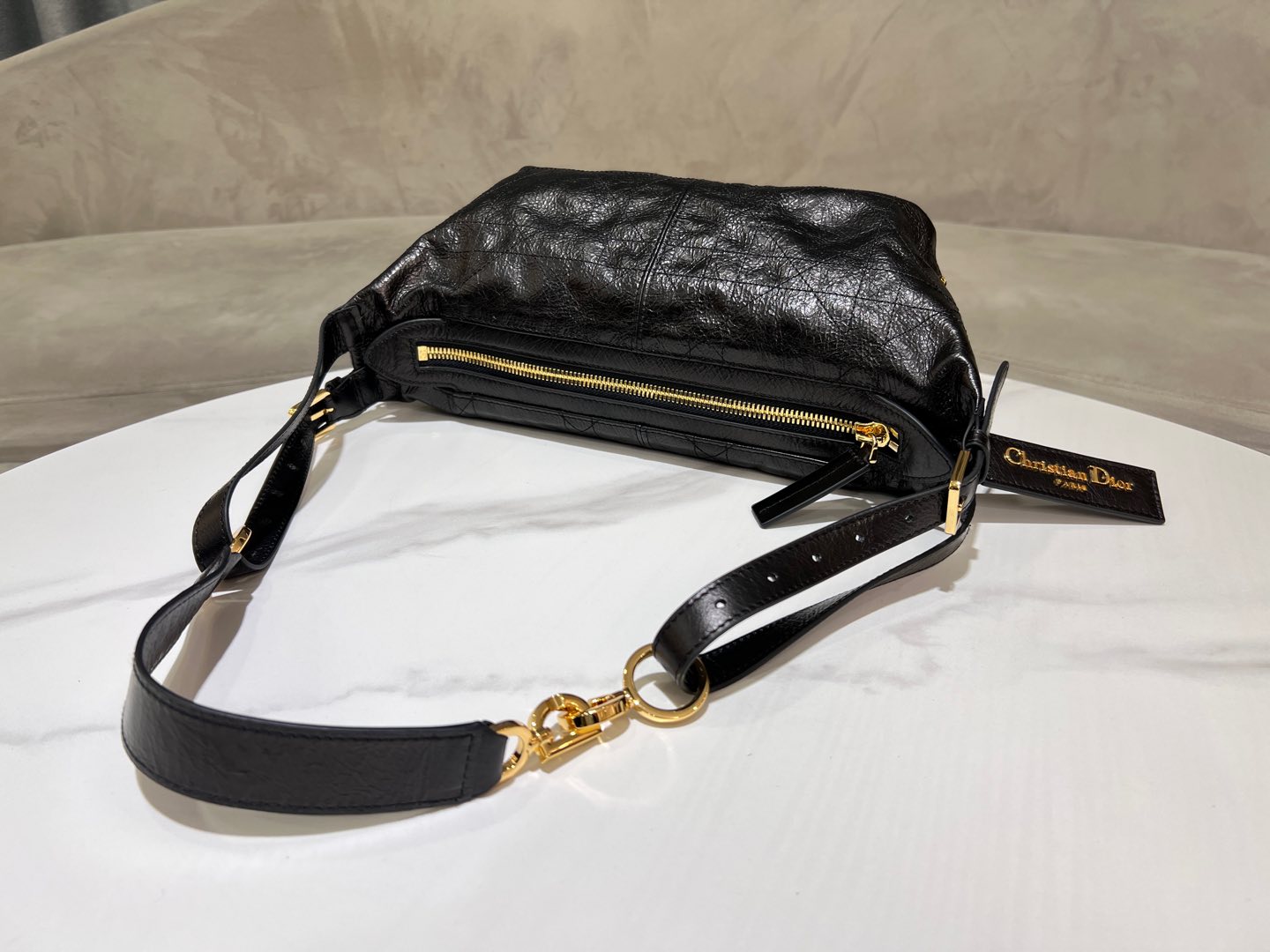 CD  Hobo Bag 23 With Chain Black Wrinkled Calfskin
