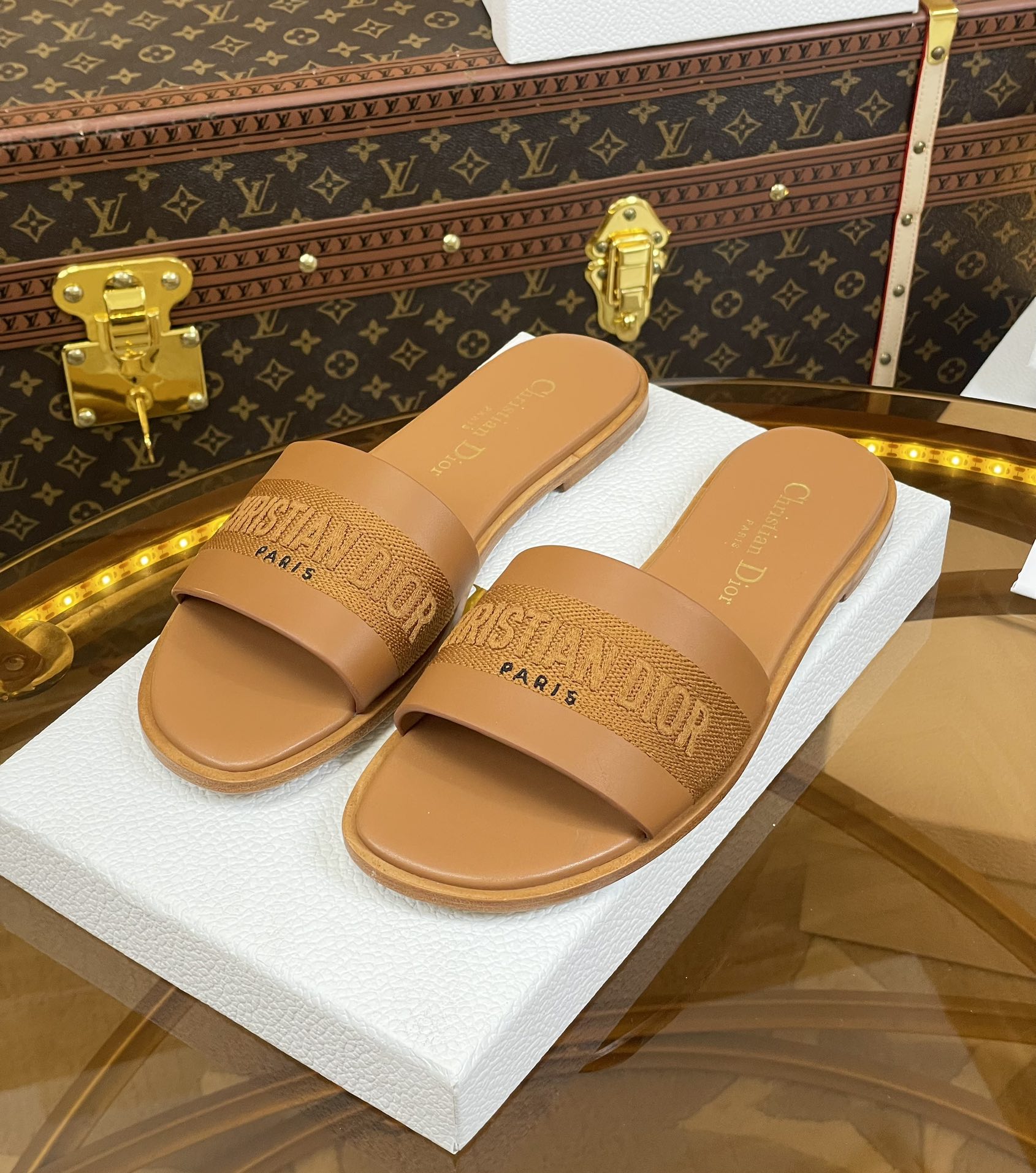 cd slide camel calfskin embroidered cotton