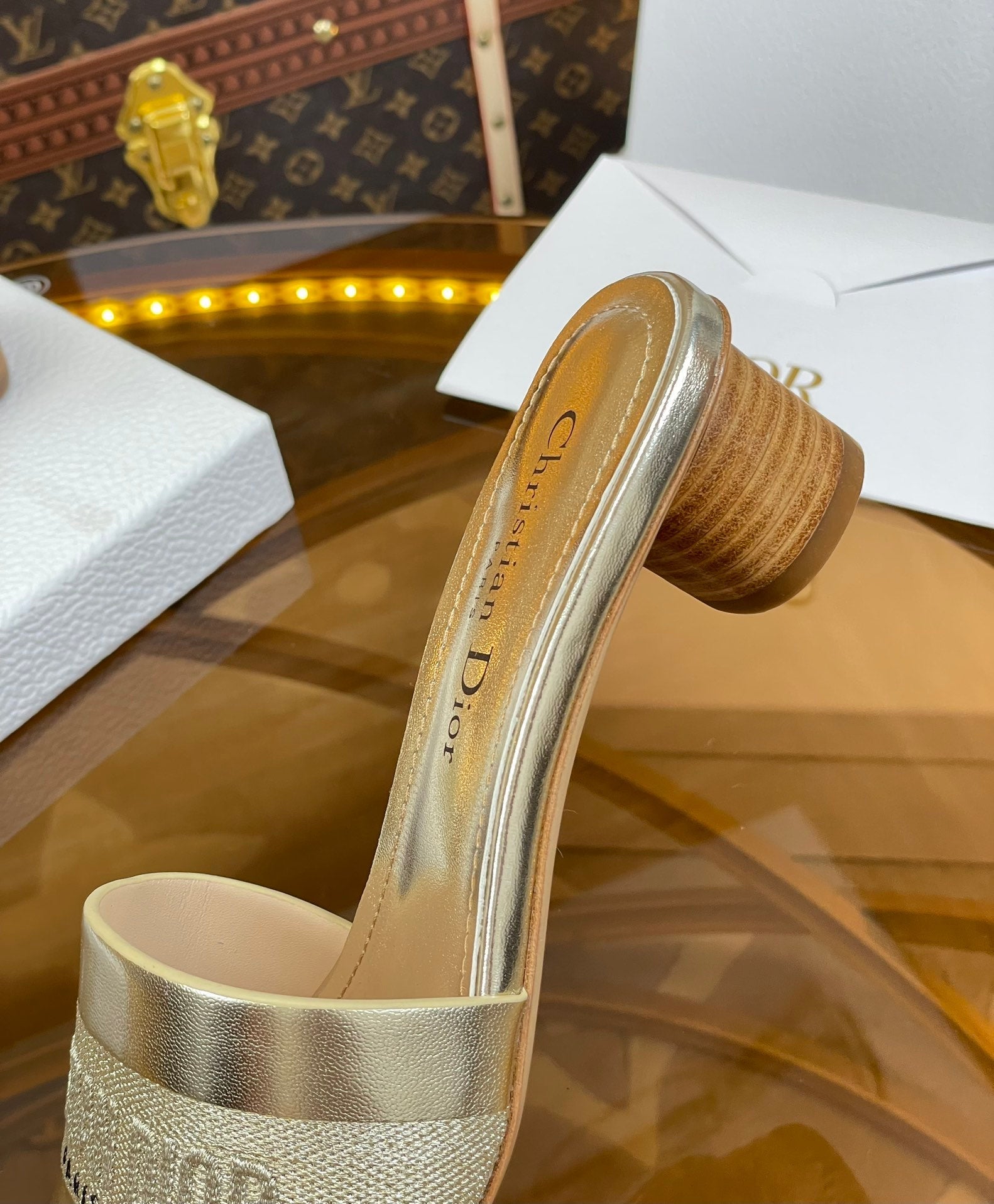 cd slide 45 gold metalic calfskin embroidered cotton